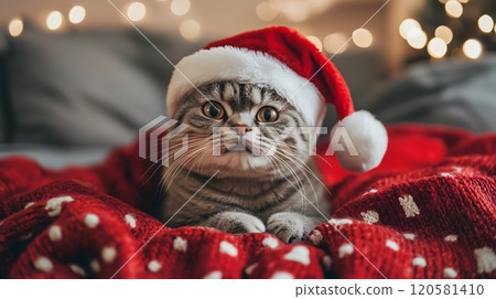 Fluffy Cat in Santa Costume with Snowfall and Festive Lights_4 120581410