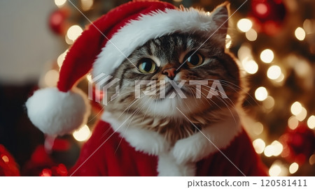 Fluffy Cat in Santa Costume with Snowfall and Festive Lights_5 Fluffy Cat in Santa Costume with Snowfall and Festive Lights_5 120581411