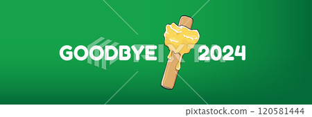 vector goodbye 2024 hello 2025 year vector concept illustration with melt ice cream isolated on horizontal green background. End of the 2024 year horizontal banner background or poster 120581444