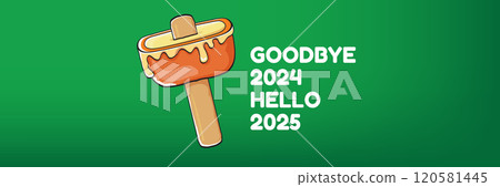 vector goodbye 2024 hello 2025 year vector concept illustration with melt ice cream isolated on horizontal green background. End of the 2024 year horizontal banner background or poster 120581445