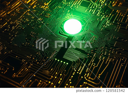 Circuit board with glowing green light in an abstract technological setting at night Circuit board with glowing green light in an abstract technological setting at night 120581542