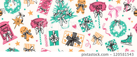 Merry Christmas seamless pattern, vector winter holiday New Year texture, present box, Santa mail. Merry Christmas seamless pattern, vector winter holiday New Year texture, present box, Santa mail. 120581543