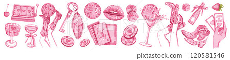Vegas bachelorette party set, vector hand drawn watercolor cowgirl disco collection pink lips, keys. 120581546