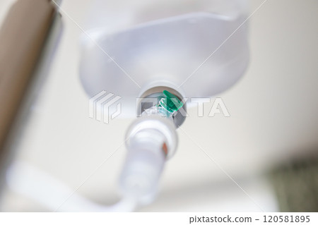 Close up medical intravenous IV drip in hospital background Close up medical intravenous IV drip in hospital background 120581895