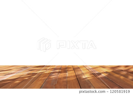 Empty wooden table top isolated on white background for montage product display 120581919