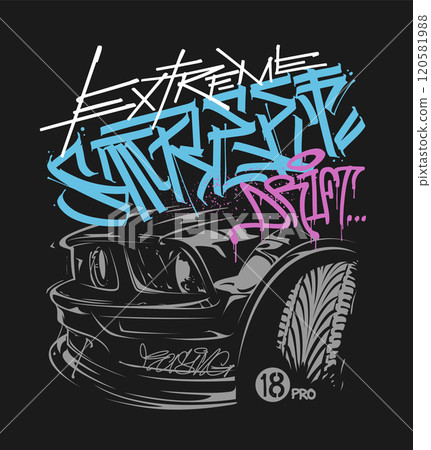 Extreme drift, illustration of race car, shirt print design 120581988