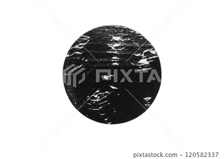 Black old scratched round paper sticker isolated on white background 120582337