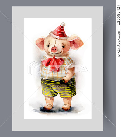 Plush toy in form of pig in children clothes and hat on wall art. Watercolor artwork 120582427