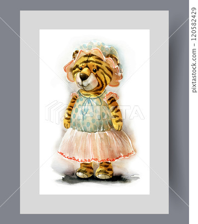 Soft toy tiger wearing little girl clothes and cap on wall art. Watercolor artwork 120582429