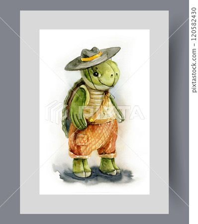 Soft toy doll turtle in hat and t-shirt with shorts on wall art. Watercolor artwork 120582430