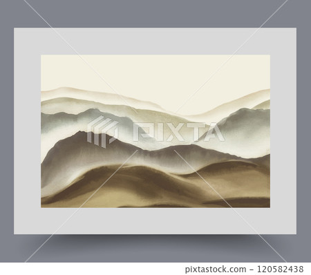 Watercolor landscape of mountains and hills located under cloudless sky in national natural park 120582438