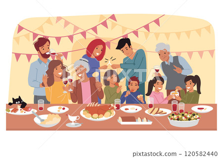 Family party on thanksgiving eve, with happy people of different ages near holiday table Family party on thanksgiving eve, with happy people of different ages near holiday table 120582440