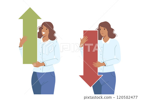 Woman business analyst holds up and down arrows, demonstrating growth or fall of company income Woman business analyst holds up and down arrows, demonstrating growth or fall of company income 120582477