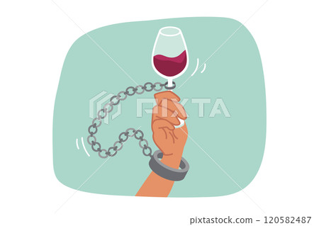 Alcohol addiction is suffered by man with glass of red wine and shackles, due to lack of willpower Alcohol addiction is suffered by man with glass of red wine and shackles, due to lack of willpower 120582487