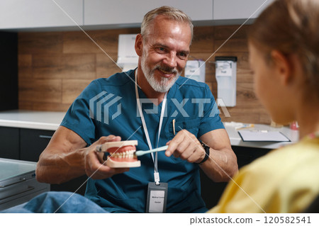 Smiling Dentist Showing Dental Model to Patient Smiling Dentist Showing Dental Model to Patient 120582541