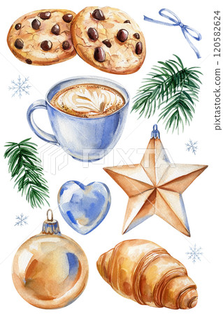 Croissant, cookies, coffee. Sweet watercolor Christmas set. holiday decor star. Cozy winter elements creative designs 120582624