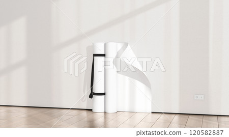 Blank white rolled yoga mat sport area shadow mockup 120582887