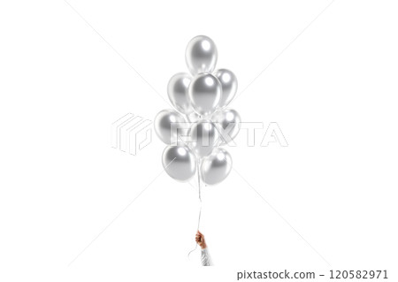 Hand holding blank silver round balloon bouquet mockup, isolated Hand holding blank silver round balloon bouquet mockup, isolated 120582971