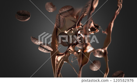 Coffee beans falling splash mockup, depth of field, black background 120582976