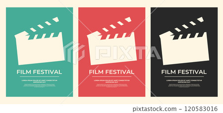 Film festival posters set with clapper board, film slate silhouette. Movie film poster design in retro style. Vector illustration 120583016