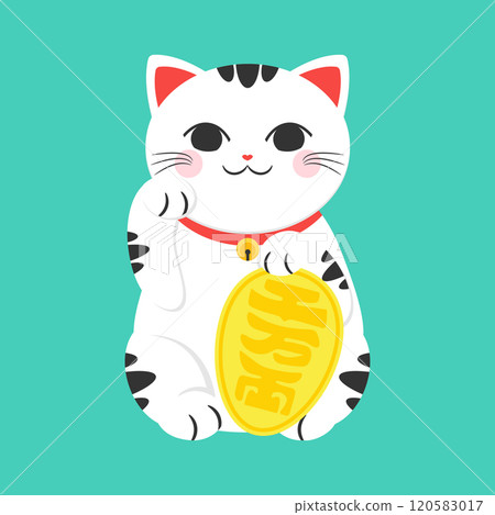 Spotted Maneki neko with a raised right paw. Japanese lucky cat flat cartoon illustration. Symbol of wealth and luck. Money cat Spotted Maneki neko with a raised right paw. Japanese lucky cat flat cartoon illustration. Symbol of wealth and luck. Money cat 120583017