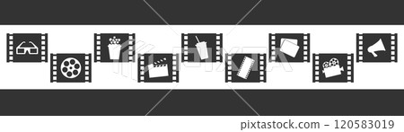 Cinema movie icon silhouettes in filmstrip frames. 3D glasses, film reel, popcorn, clapperboard, soda, film strip, cinema tickets, movie camera and megaphone 120583019