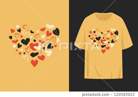 T shirt print design with heart shape made of different hearts. Heart symbols print with grunge texture T shirt print design with heart shape made of different hearts. Heart symbols print with grunge texture 120583022