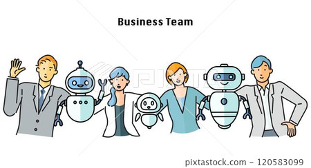 Business team and robot - startup - development team standing together with arms around each other illustration vector material Business team and robot - startup - development team standing together with arms around each other illustration vector material 120583099