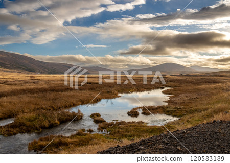 Autumn nature with a river, Lundur, Iceland 120583189