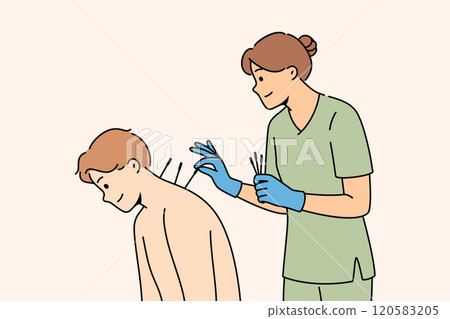 Acupuncture procedure from eastern alternative medicine for man sitting near woman doctor Acupuncture procedure from eastern alternative medicine for man sitting near woman doctor 120583205