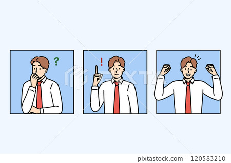 Business man thinks about question and rejoices after finding solution or having good idea 120583210