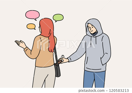 Thief steals wallet from woman bag while she is talking on phone, stealing money from passers-by 120583213