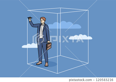 Personal space of business man drawing boundaries with pencil and flying among clouds 120583216