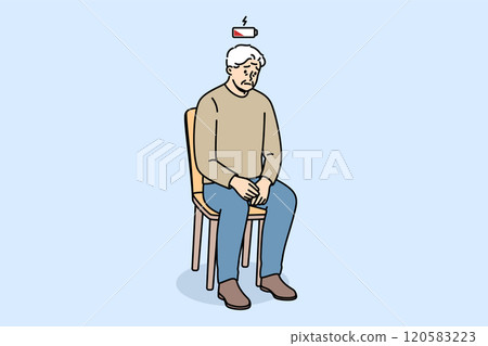 Depletion of vitality is felt by elderly man sitting on chair, with empty battery above head Depletion of vitality is felt by elderly man sitting on chair, with empty battery above head 120583223