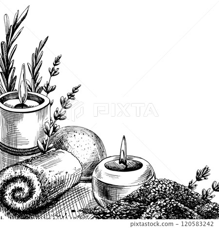 Spa candles with towel, bath bomb and sea salt, flowers and lavender branches. Graphic illustration line art hand drawn in black and white colors monochrome. Corner frame template for text Spa candles with towel, bath bomb and sea salt, flowers and lavender branches. Graphic illustration line art hand drawn in black and white colors monochrome. Corner frame template for text 120583242