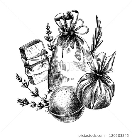 Handmade soap and bath bombs, a canvas bag with lavender sprigs. Graphic illustration line art hand drawn in black and white colors monochrome. Arrangement, composition, sublimation 120583245