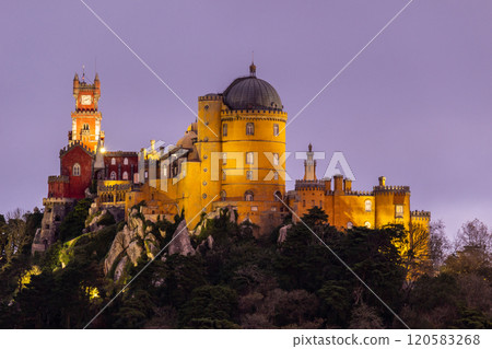 Illuminated Pena Palace in Sintra at Evening Twilight. Portugal 120583268