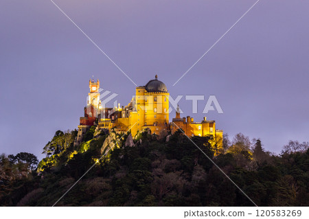 Illuminated Pena Palace in Sintra at Evening Twilight. Portugal 120583269