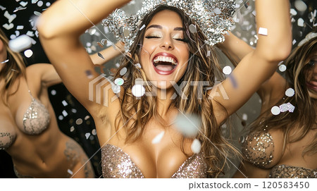 Group of friends celebrating new year's eve party with falling confetti Group of friends celebrating new year's eve party with falling confetti 120583450