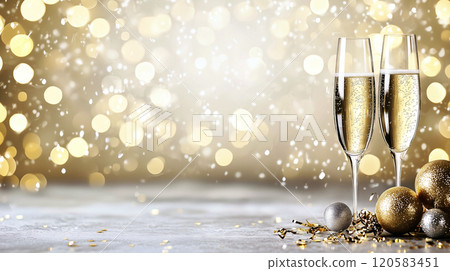 Two champagne glasses celebrating new year's eve with golden ornaments and bokeh lights Two champagne glasses celebrating new year's eve with golden ornaments and bokeh lights 120583451