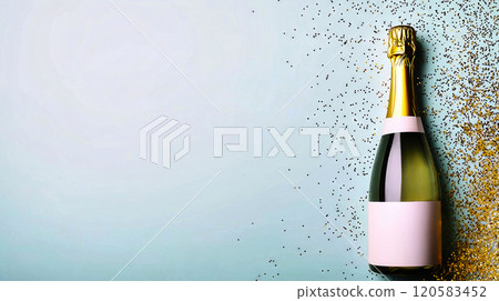 Champagne bottle celebrating new year's eve with golden confetti Champagne bottle celebrating new year's eve with golden confetti 120583452
