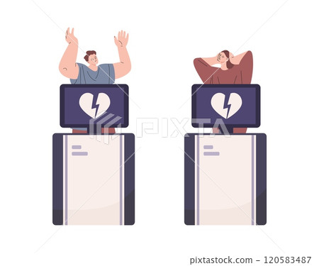 Dramatic male female with broken hearts on x-ray monitor. Disappointment in love relationship or friendship, romantic characters vector scene 120583487