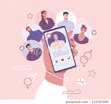 Digital dating app in smartphone. Bisexual woman choose man or girl for romantic relationship. Online love and communication, distance friendship vector scene 120583489