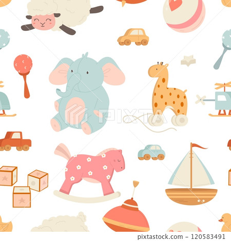 Different children toys seamless pattern. Cute wooden ship cubes and horse, plush sheep and elephant. Baby fabric print design, vector background 120583491