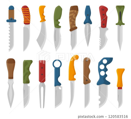 Flat survival knives. Hiking camping hunting equipment with blades. Knife for self care or defense. Cold weapons, tools for cutting, neoteric vector set Flat survival knives. Hiking camping hunting equipment with blades. Knife for self care or defense. Cold weapons, tools for cutting, neoteric vector set 120583516