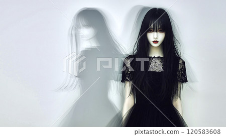 Young woman wearing black lace dress with ghostly figure behind her 120583608