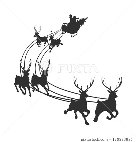Isolated santa sleigh. Black silhouette of holiday art. Christmas card with Santa Claus in sledge. Fantasy winter invitation. New Year template 120583985