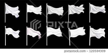 White waving flag on the flagpole mockup set. Textile flag flies on the wind. Emty blanc soft sheet material fabric for advertising needs. Cartoon style isolated vector clipart collection on dark 120584309