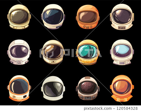 Space astronaut helmets set. Spaceman or shuttle pilot headwear. Cosmonaut protective wear. open space or galaxy traveller part of costume. Cartoon style isolated vector clipart collection on dark 120584328