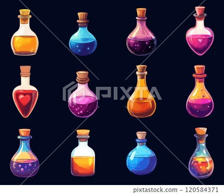 Glass flask with potion set. Fantasy colorful bottles with magic liquid elixir and corkwood plug. Alchemy chemistry laboratory witchcraft equipment love poison. Cartoon style isolated vector clipart Glass flask with potion set. Fantasy colorful bottles with magic liquid elixir and corkwood plug. Alchemy chemistry laboratory witchcraft equipment love poison. Cartoon style isolated vector clipart 120584371